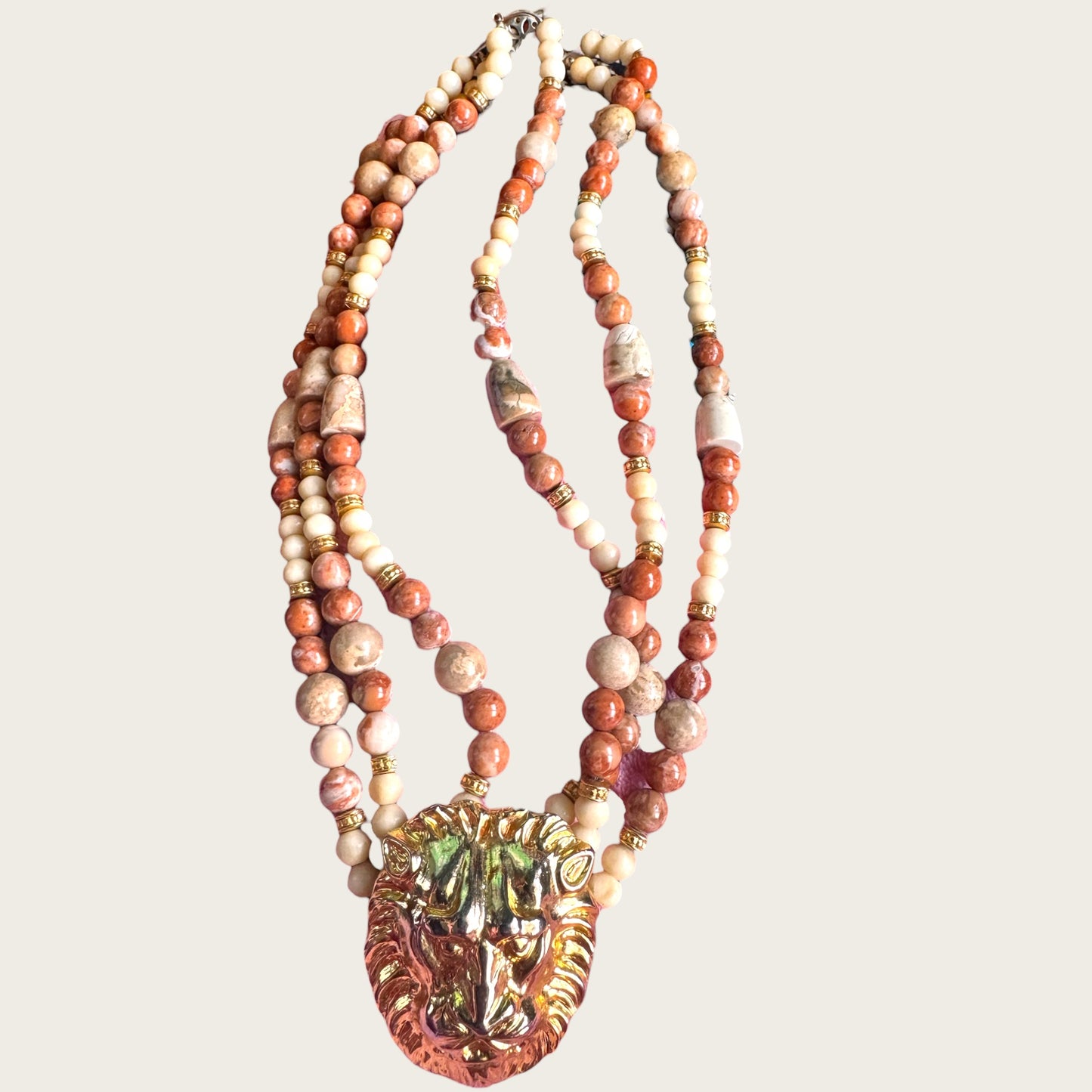 Vintage Artisan Triple Strand Natural Stone Lion Pendant Necklace