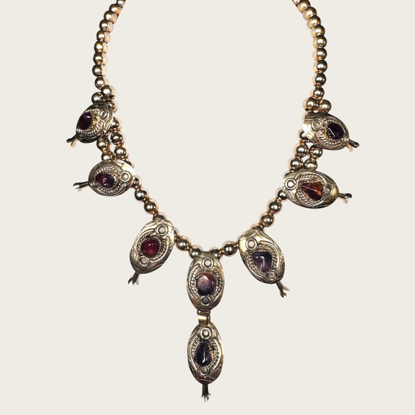 Vintage Artisan Genuine Amethyst Squash Blossom Style Necklace