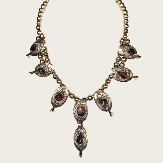 Vintage Artisan Genuine Amethyst Squash Blossom Style Necklace
