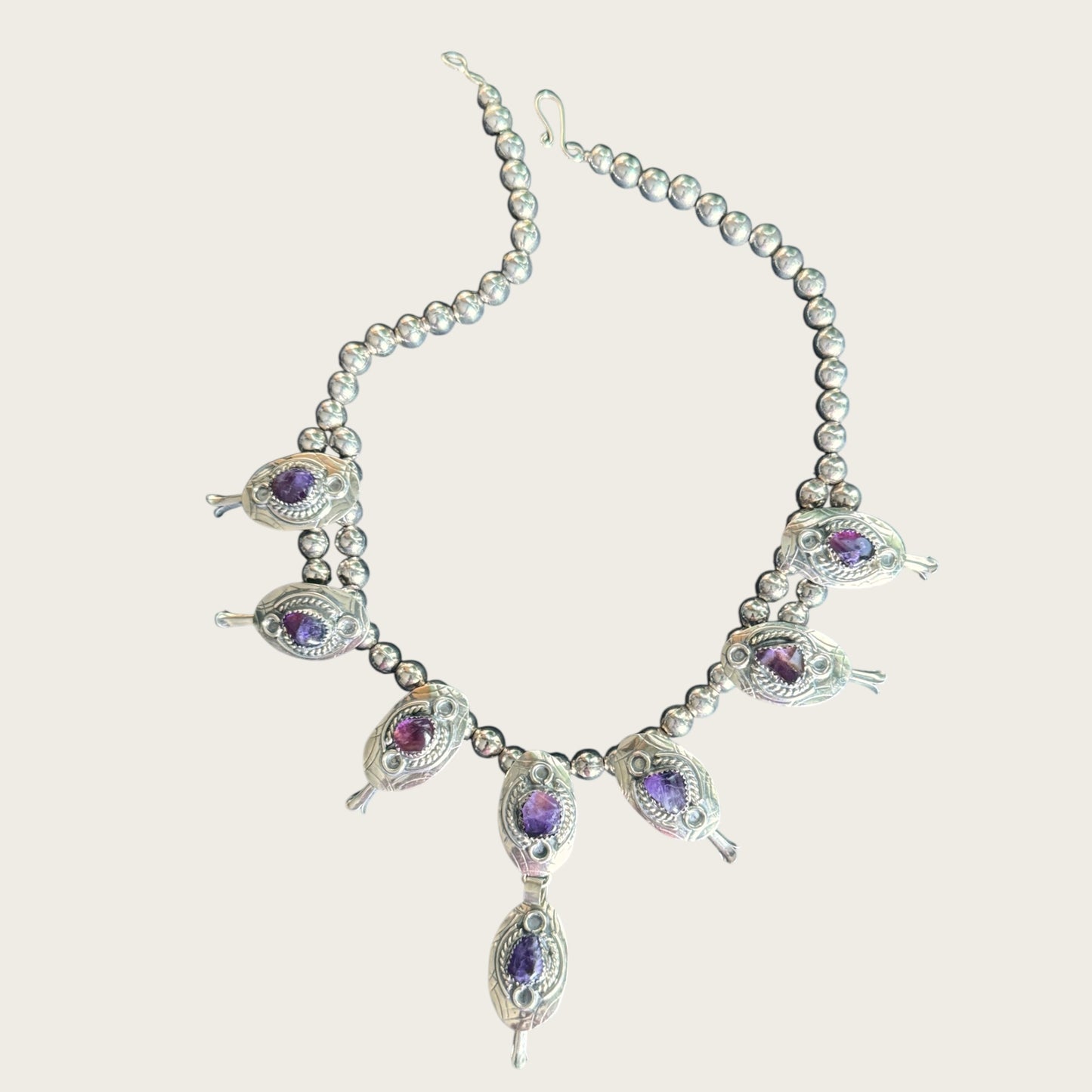 Vintage Artisan Genuine Amethyst Squash Blossom Style Necklace