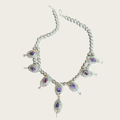 Vintage Artisan Genuine Amethyst Squash Blossom Style Necklace