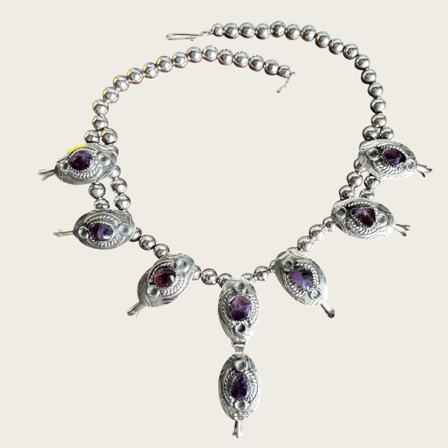 Vintage Artisan Genuine Amethyst Squash Blossom Style Necklace