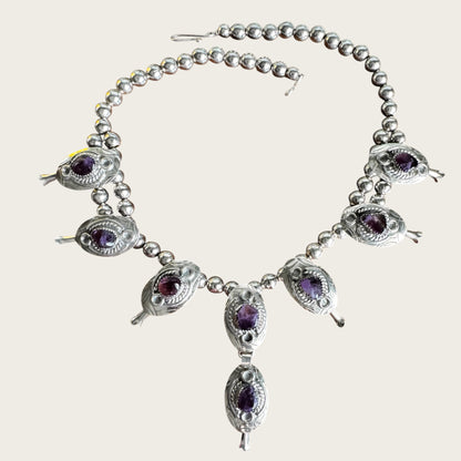 Vintage Artisan Genuine Amethyst Squash Blossom Style Necklace