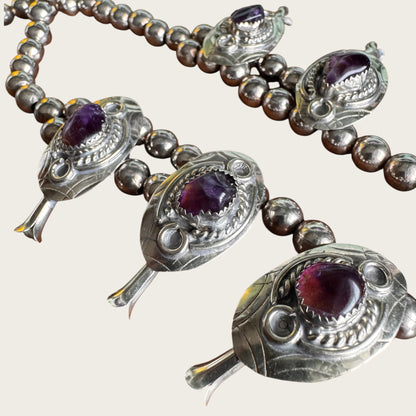 Vintage Artisan Genuine Amethyst Squash Blossom Style Necklace