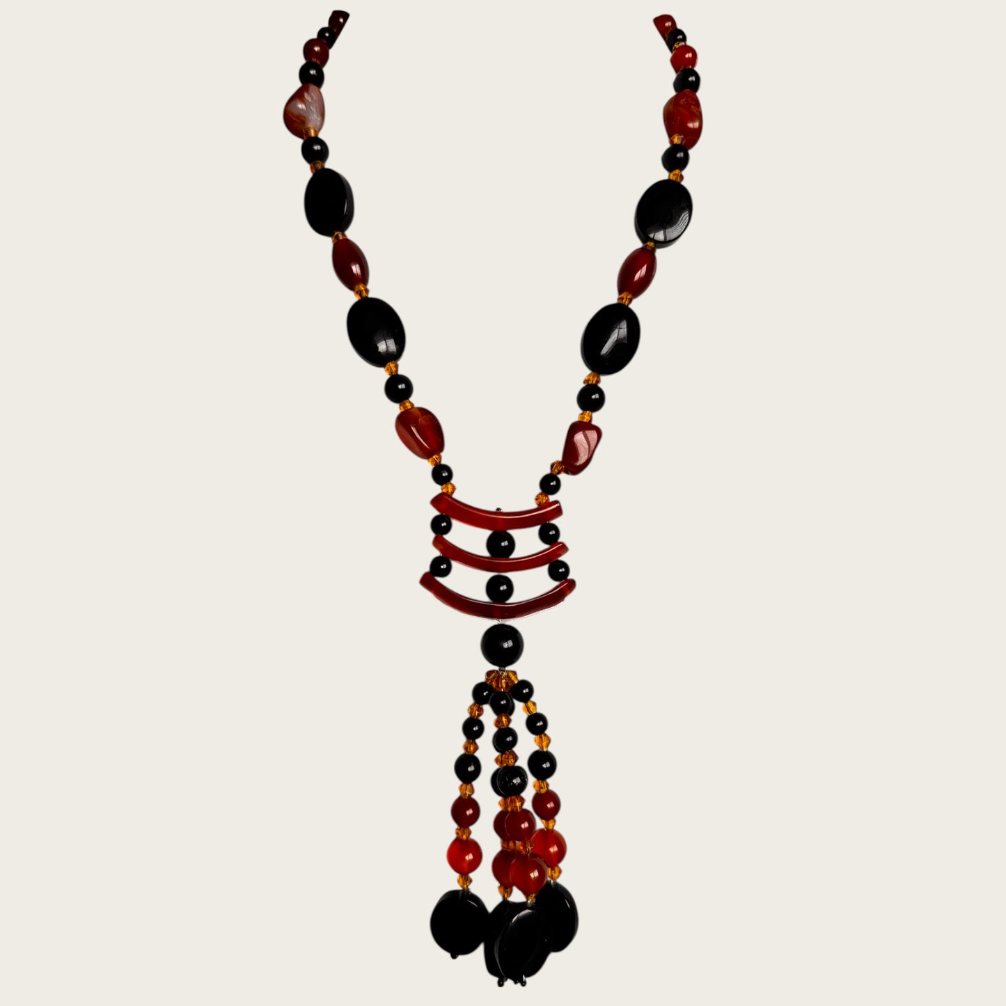 Vintage Artisan Carnelian & Black Onyx Stone Lariat Necklace