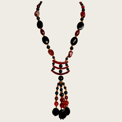 Vintage Artisan Carnelian & Black Onyx Stone Lariat Necklace