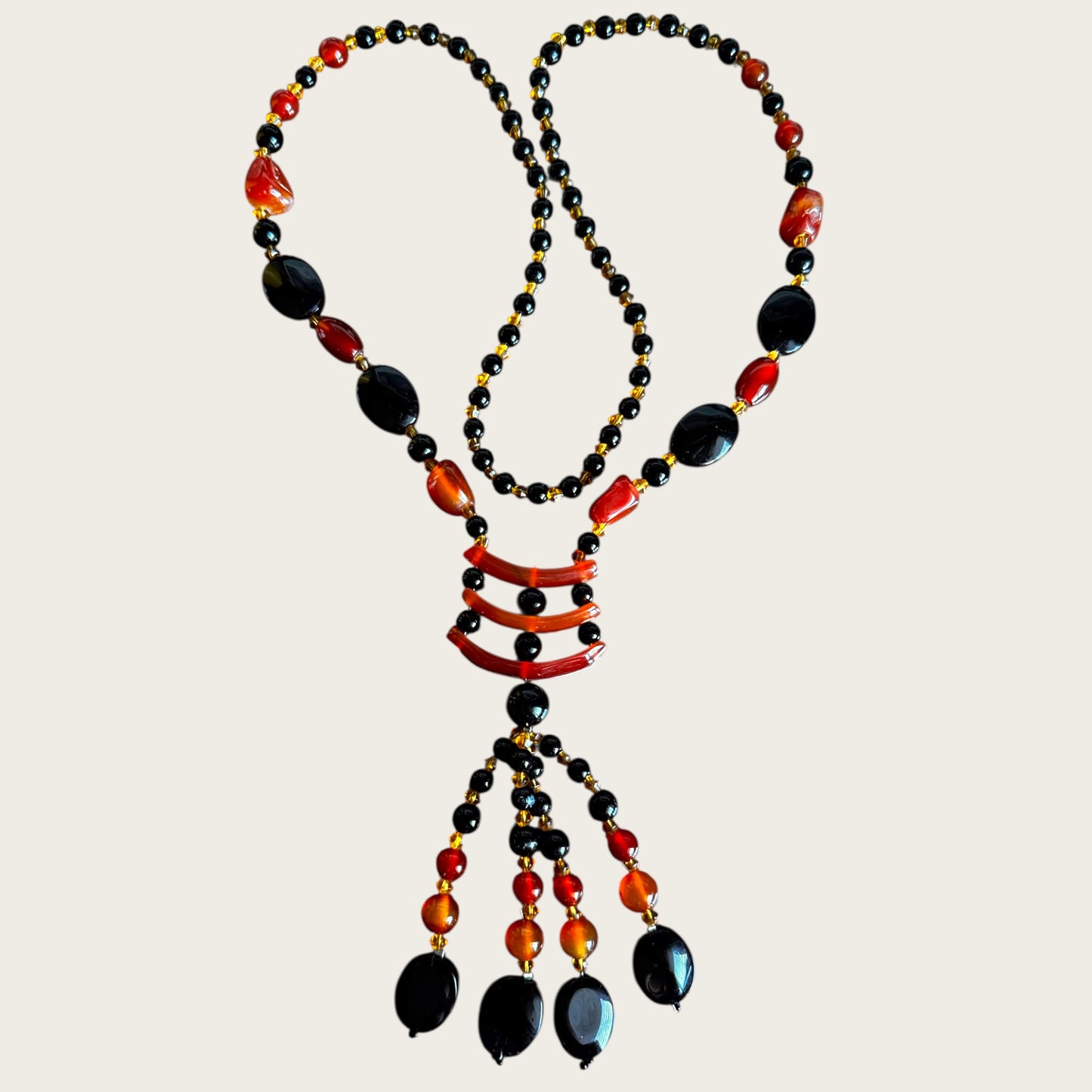 Vintage Artisan Carnelian & Black Onyx Stone Lariat Necklace