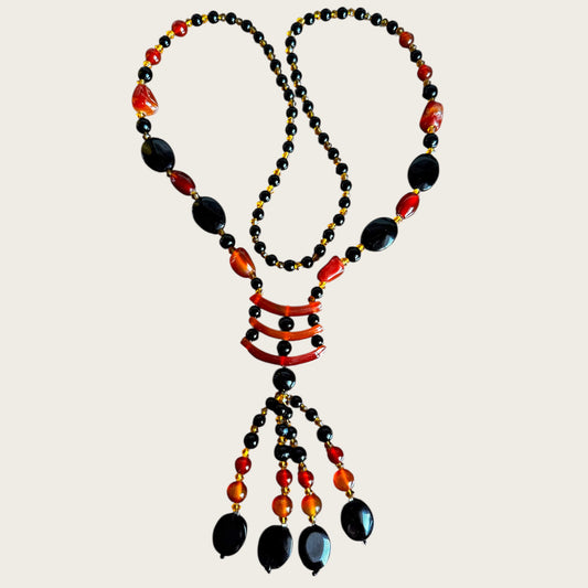 Vintage Artisan Carnelian & Black Onyx Stone Lariat Necklace