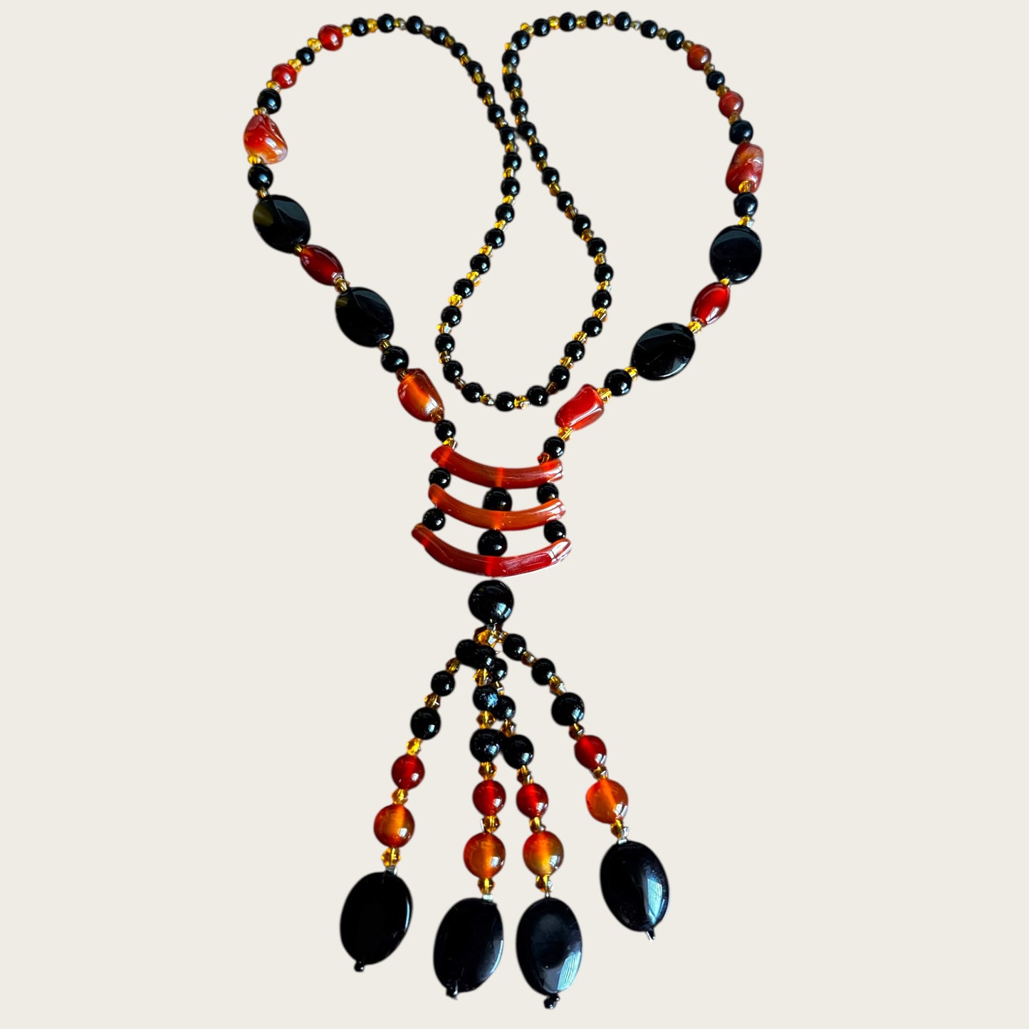 Vintage Artisan Carnelian & Black Onyx Stone Lariat Necklace