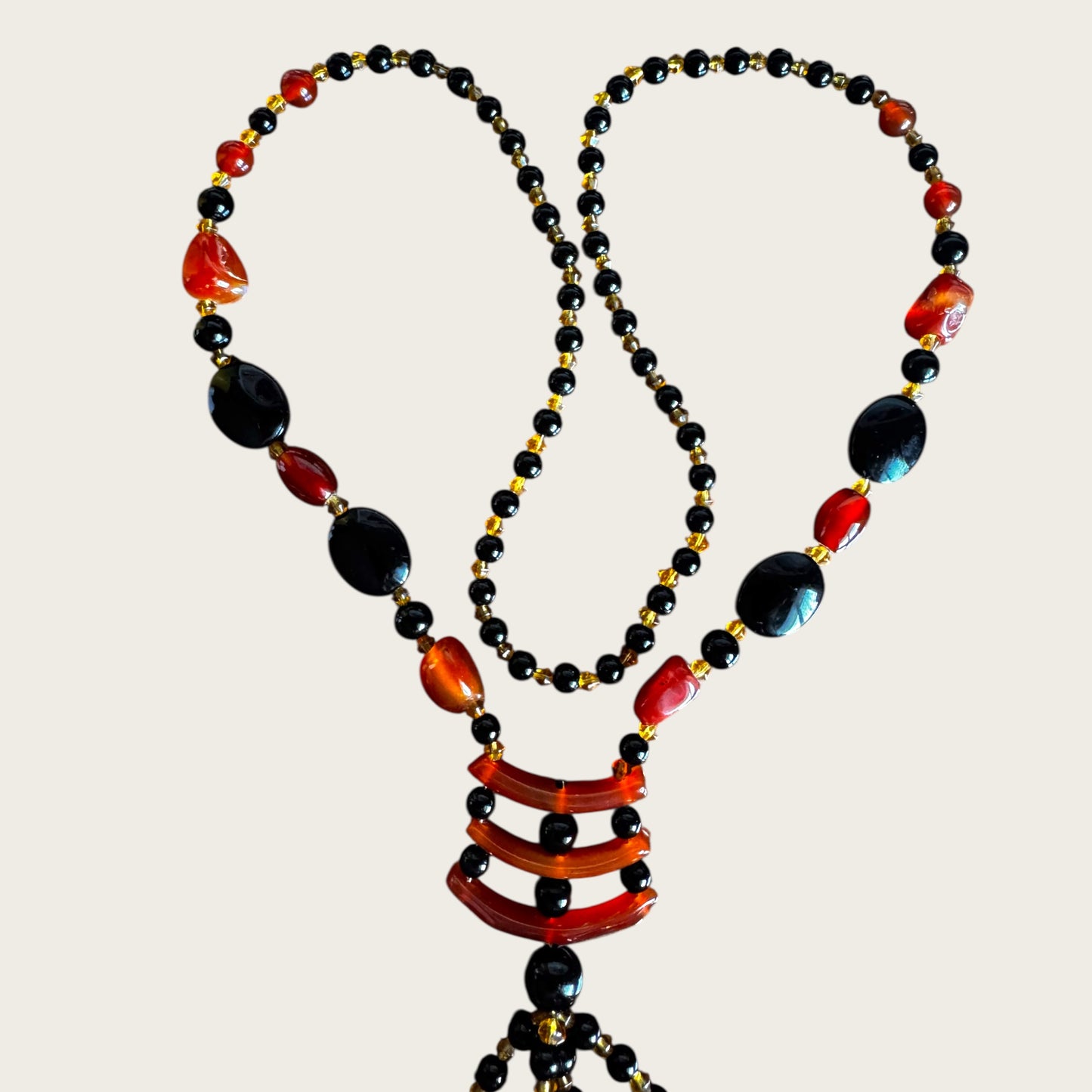 Vintage Artisan Carnelian & Black Onyx Stone Lariat Necklace