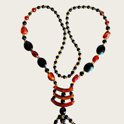 Vintage Artisan Carnelian & Black Onyx Stone Lariat Necklace