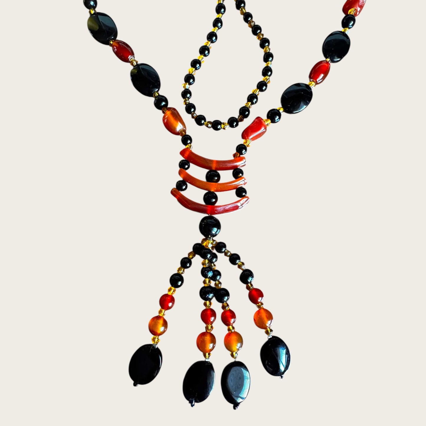 Vintage Artisan Carnelian & Black Onyx Stone Lariat Necklace