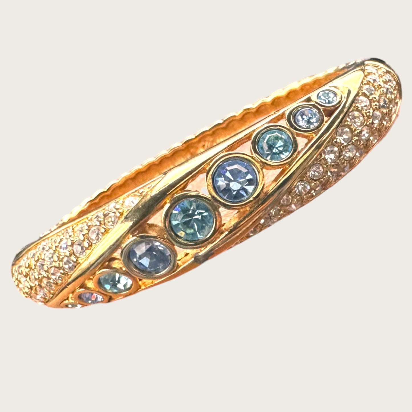 Vintage Swarovski Swan Signed Hinged Bangle Bracelet Blue Bezel Crystals and Clear Pavé