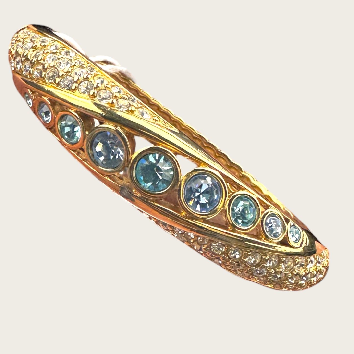 Vintage Swarovski Swan Signed Hinged Bangle Bracelet Blue Bezel Crystals and Clear Pavé