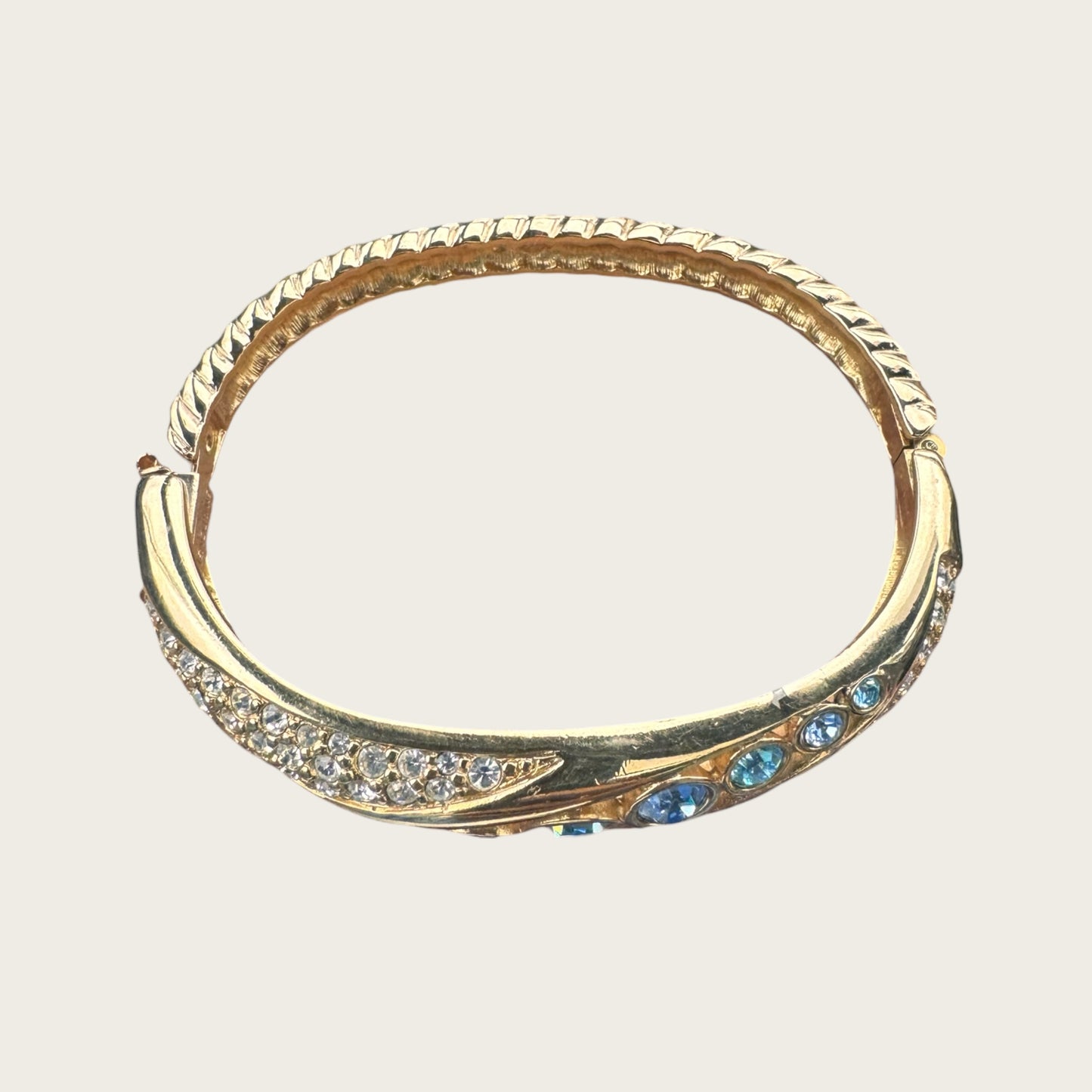 Vintage Swarovski Swan Signed Hinged Bangle Bracelet Blue Bezel Crystals and Clear Pavé