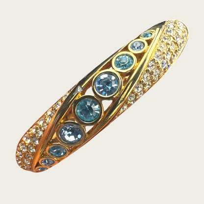 Vintage Swarovski Swan Signed Hinged Bangle Bracelet Blue Bezel Crystals and Clear Pavé