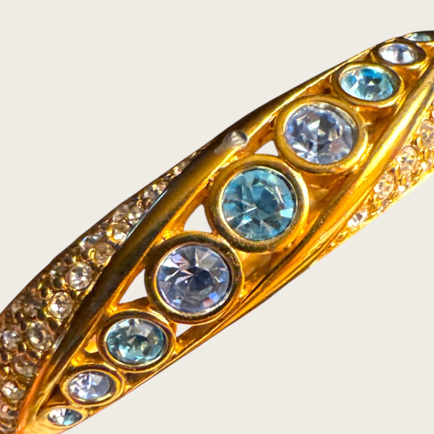 Vintage Swarovski Swan Signed Hinged Bangle Bracelet Blue Bezel Crystals and Clear Pavé