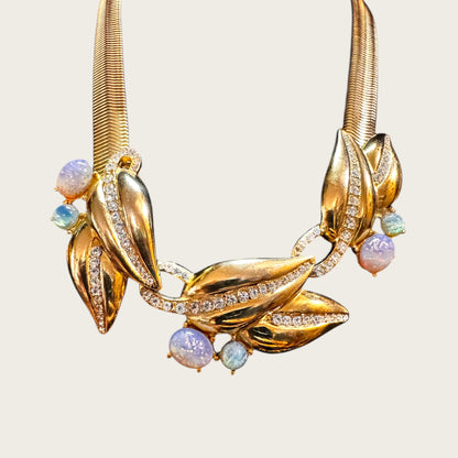 Vintage Givenchy Couture Opalescent Dragon’s Breath Glass Leaf Necklace with Rhinestone Detail