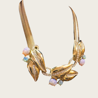 Vintage Givenchy Couture Opalescent Dragon’s Breath Glass Leaf Necklace with Rhinestone Detail
