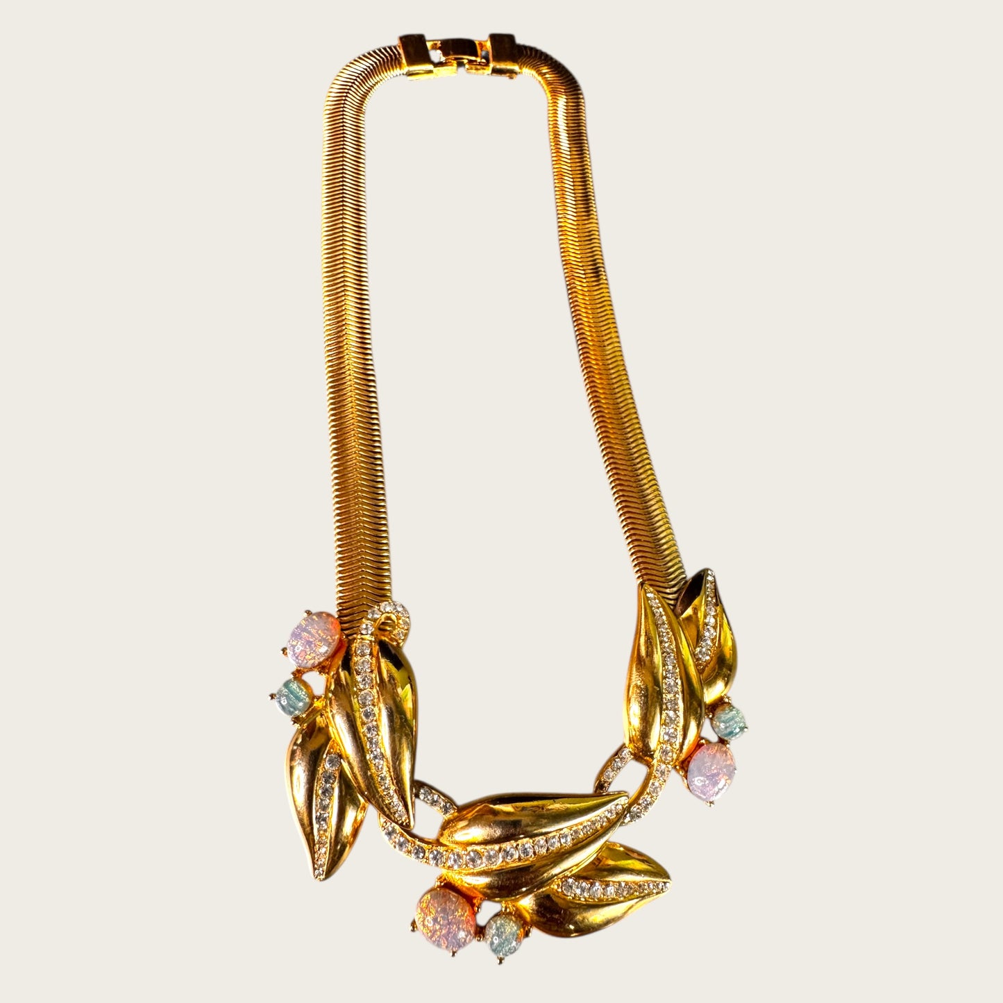 Vintage Givenchy Couture Opalescent Dragon’s Breath Glass Leaf Necklace with Rhinestone Detail