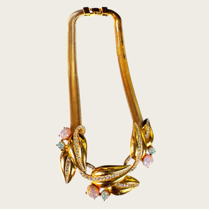 Vintage Givenchy Couture Opalescent Dragon’s Breath Glass Leaf Necklace with Rhinestone Detail