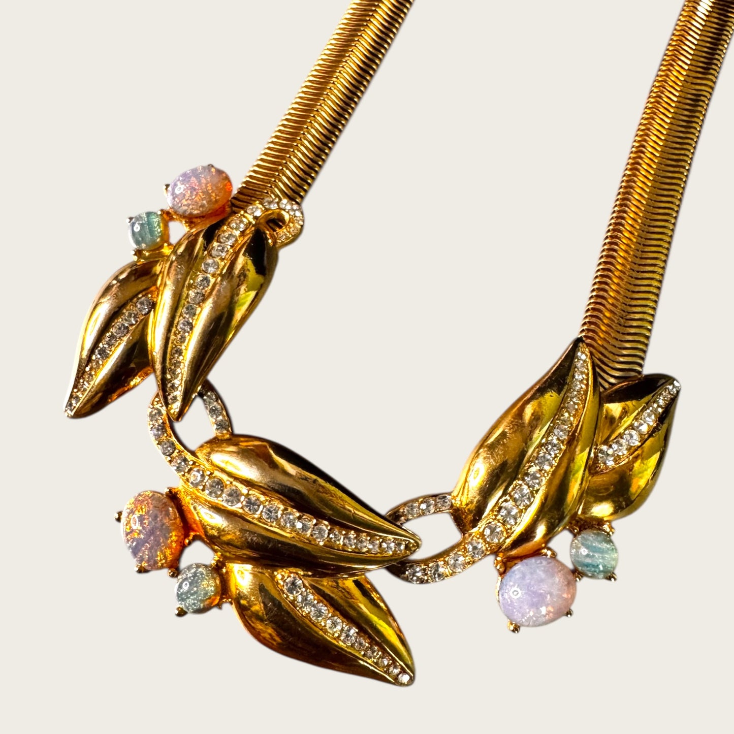 Vintage Givenchy Couture Opalescent Dragon’s Breath Glass Leaf Necklace with Rhinestone Detail