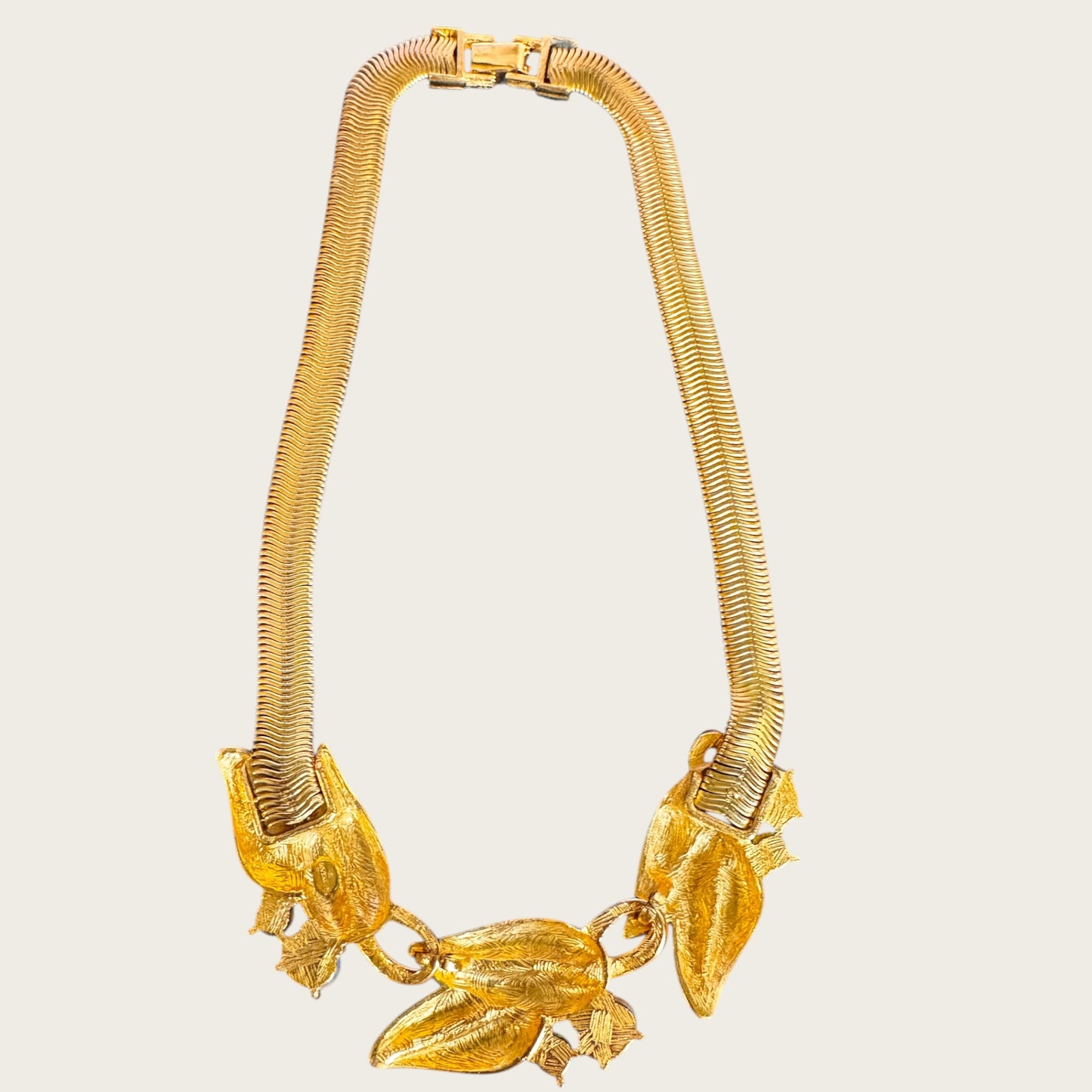 Vintage Givenchy Couture Opalescent Dragon’s Breath Glass Leaf Necklace with Rhinestone Detail