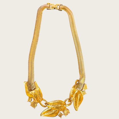 Vintage Givenchy Couture Opalescent Dragon’s Breath Glass Leaf Necklace with Rhinestone Detail