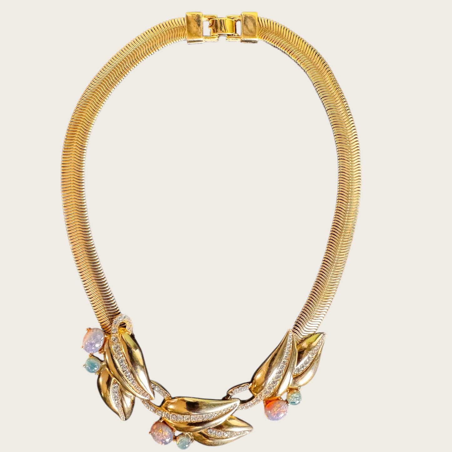 Vintage Givenchy Couture Opalescent Dragon’s Breath Glass Leaf Necklace with Rhinestone Detail