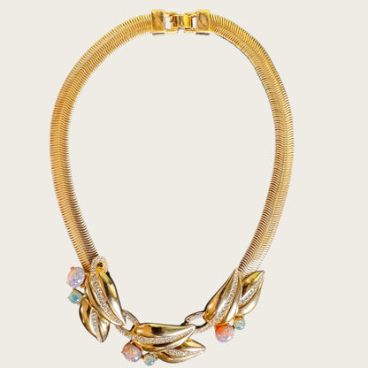 Vintage Givenchy Couture Opalescent Dragon’s Breath Glass Leaf Necklace with Rhinestone Detail