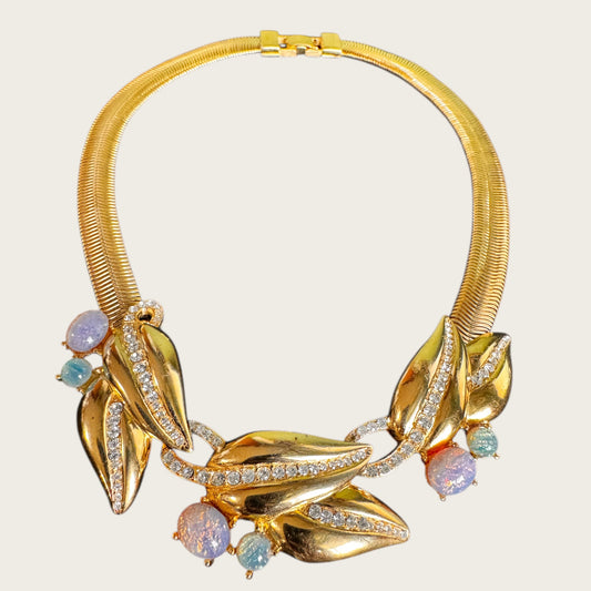 Vintage Givenchy Couture Opalescent Dragon’s Breath Glass Leaf Necklace with Rhinestone Detail