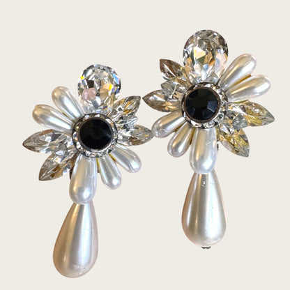 Vintage Nelly Crystal and Faux Pearl Statement Clip-On Earrings with Black Center Stone