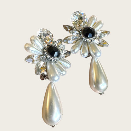 Vintage Nelly Crystal and Faux Pearl Statement Clip-On Earrings with Black Center Stone