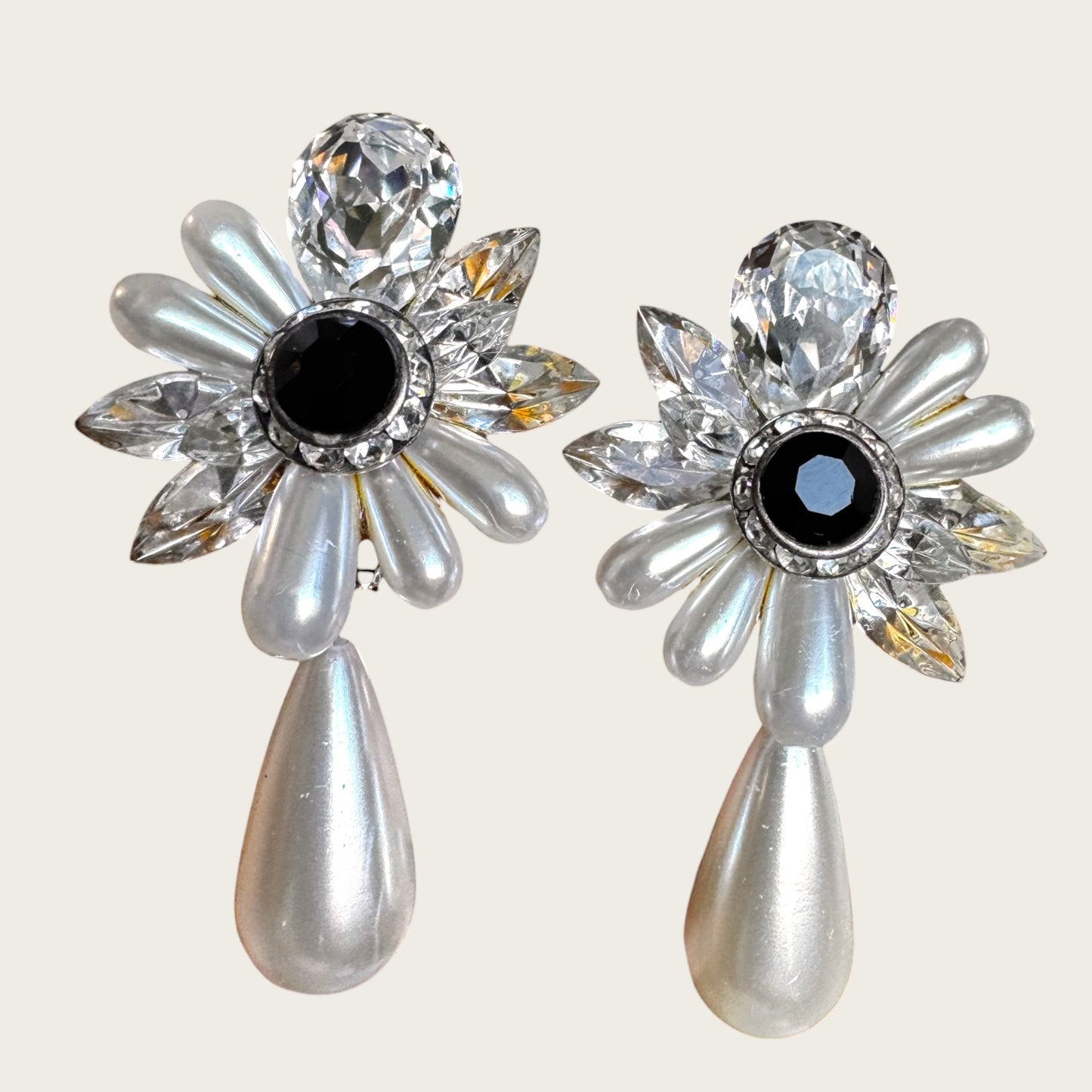 Vintage Nelly Crystal and Faux Pearl Statement Clip-On Earrings with Black Center Stone