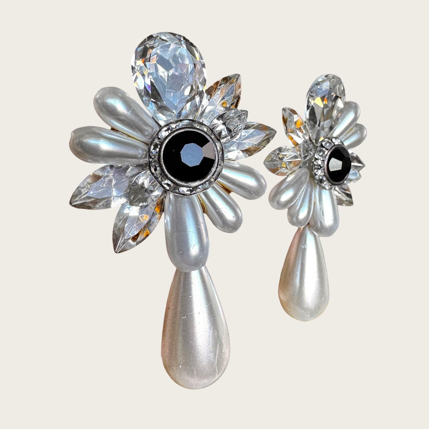 Vintage Nelly Crystal and Faux Pearl Statement Clip-On Earrings with Black Center Stone