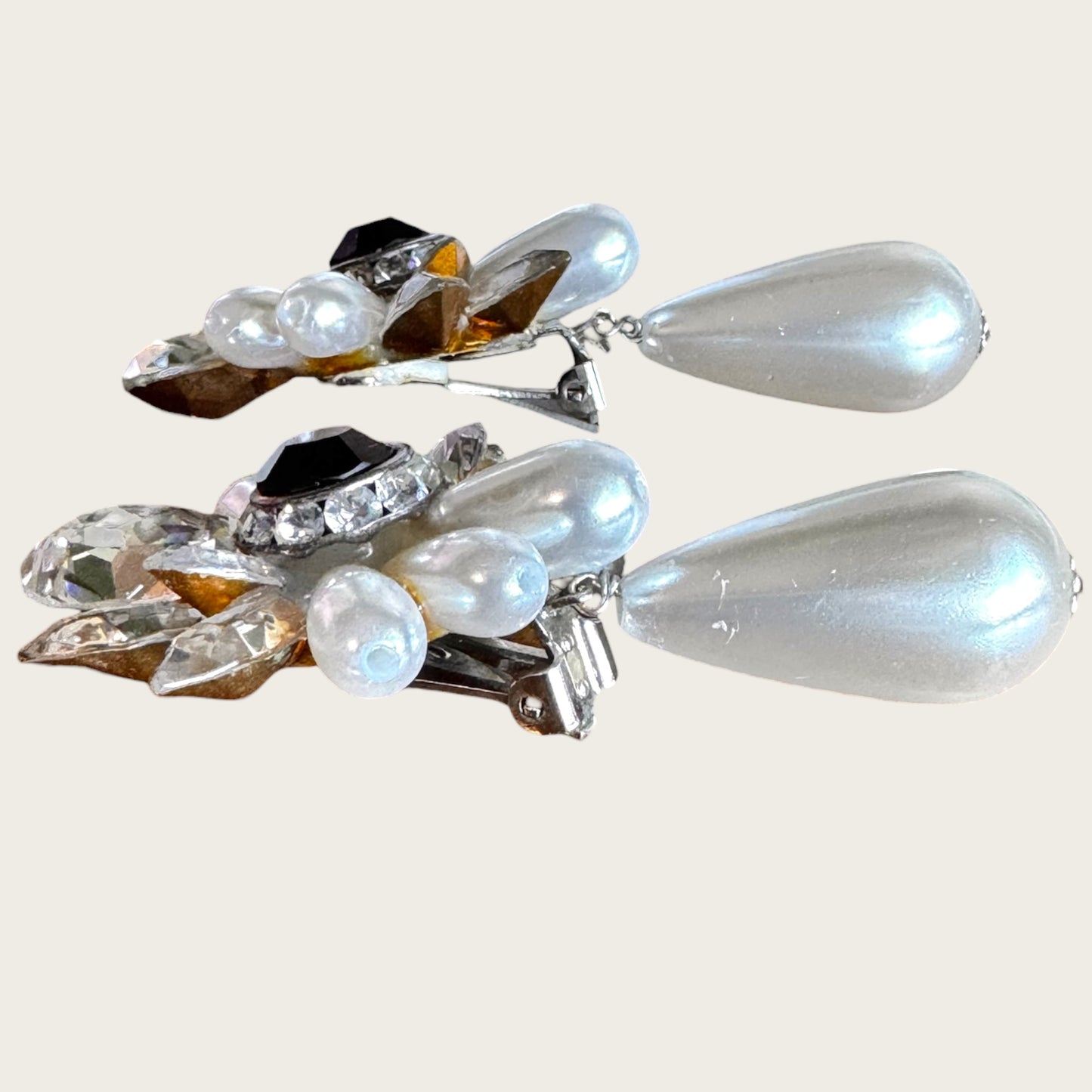 Vintage Nelly Crystal and Faux Pearl Statement Clip-On Earrings with Black Center Stone