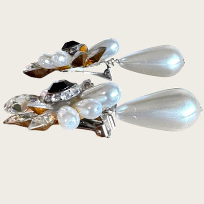 Vintage Nelly Crystal and Faux Pearl Statement Clip-On Earrings with Black Center Stone