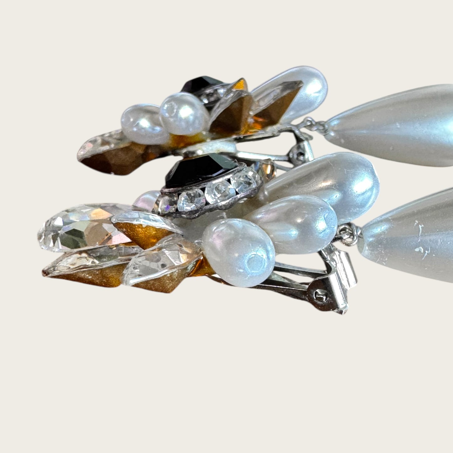 Vintage Nelly Crystal and Faux Pearl Statement Clip-On Earrings with Black Center Stone