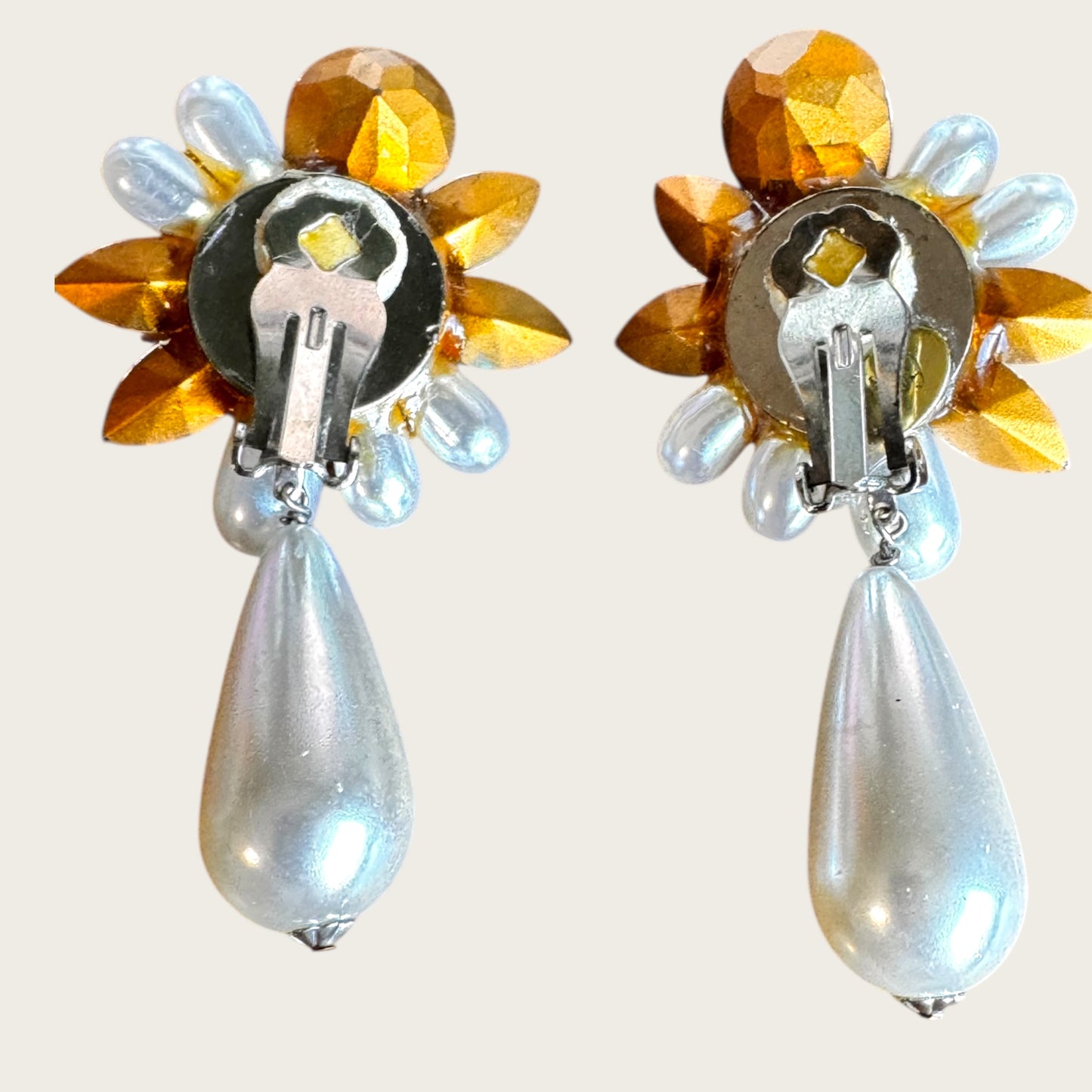 Vintage Nelly Crystal and Faux Pearl Statement Clip-On Earrings with Black Center Stone