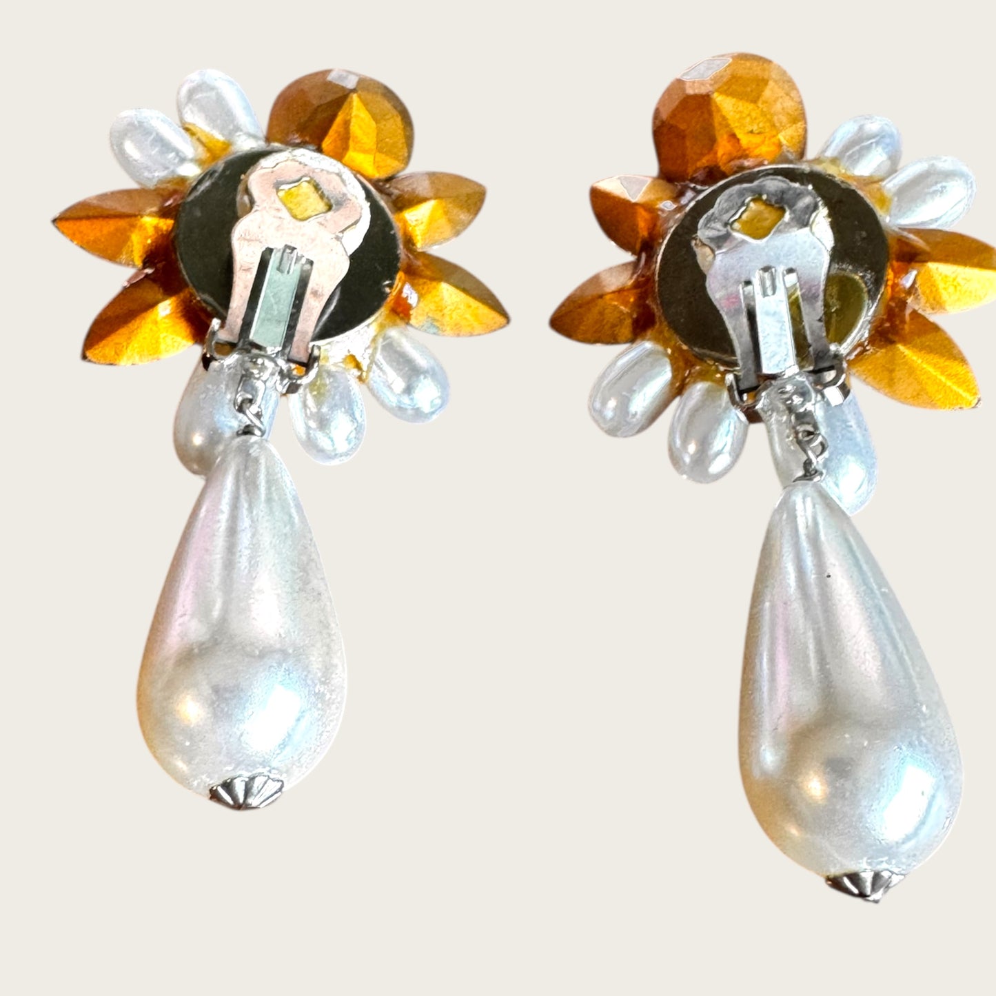 Vintage Nelly Crystal and Faux Pearl Statement Clip-On Earrings with Black Center Stone