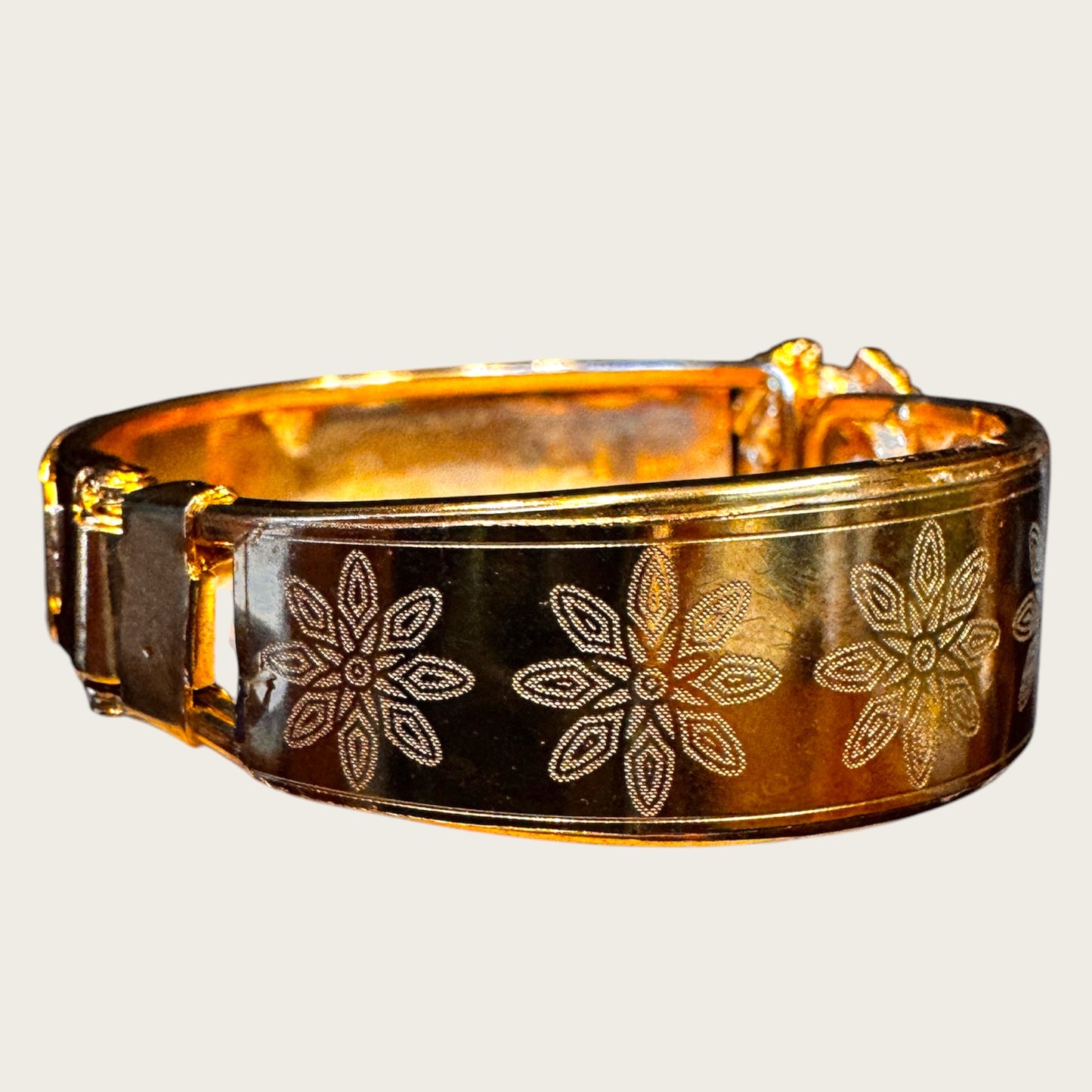 Vintage Gold-Tone Etched Crystal Medallion Hinged Cuff Bracelet