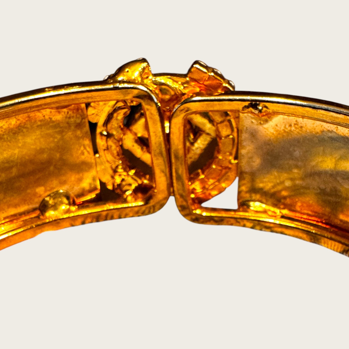 Vintage Gold-Tone Etched Crystal Medallion Hinged Cuff Bracelet