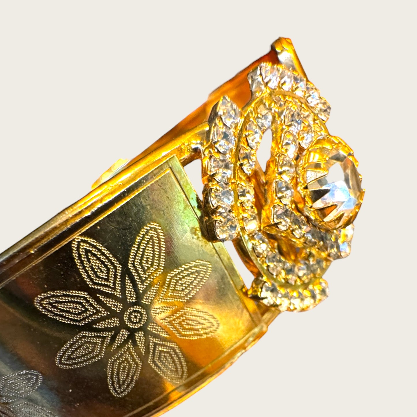 Vintage Gold-Tone Etched Crystal Medallion Hinged Cuff Bracelet