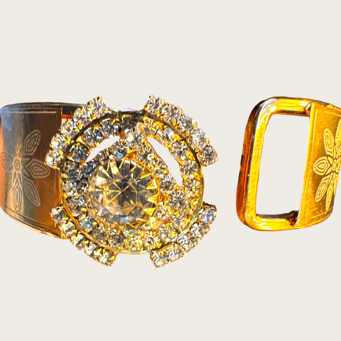 Vintage Gold-Tone Etched Crystal Medallion Hinged Cuff Bracelet