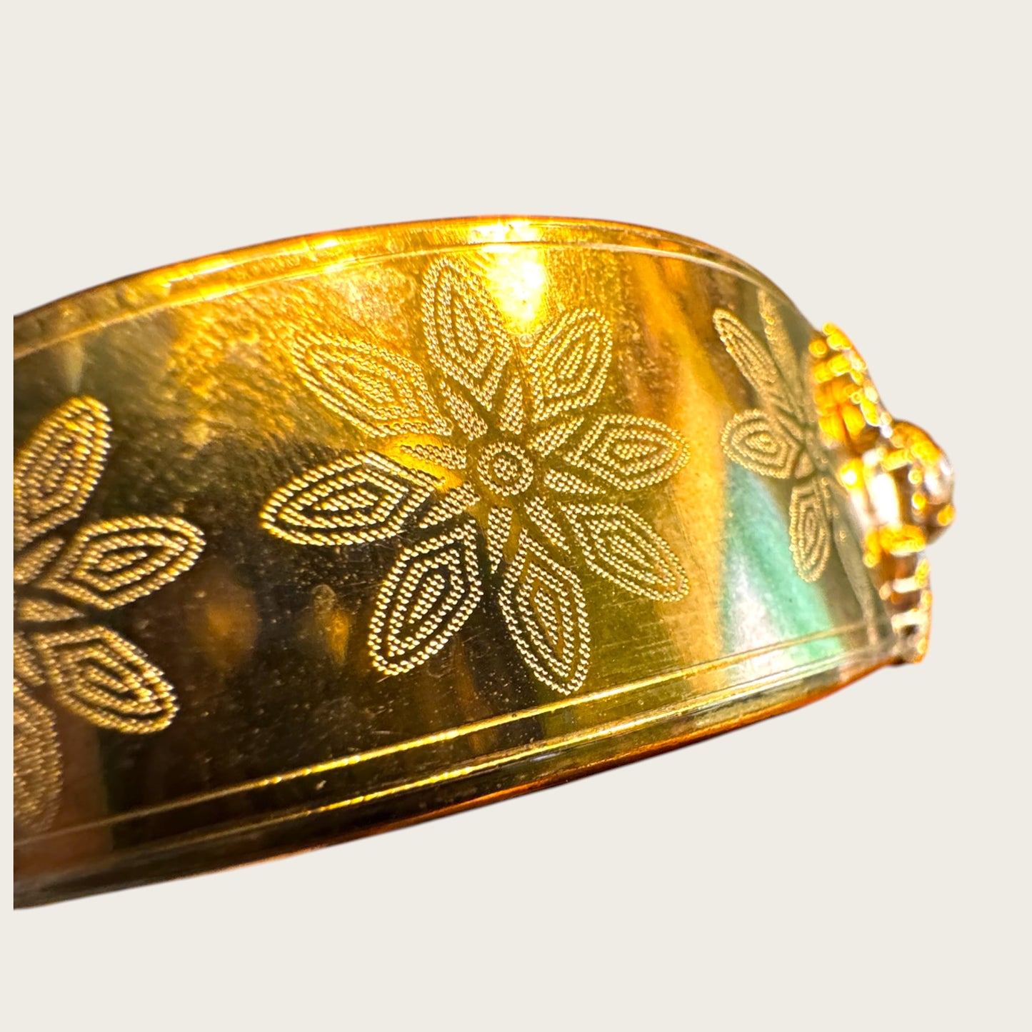 Vintage Gold-Tone Etched Crystal Medallion Hinged Cuff Bracelet