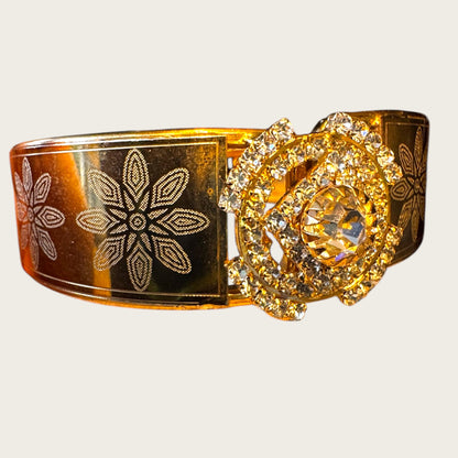 Vintage Gold-Tone Etched Crystal Medallion Hinged Cuff Bracelet