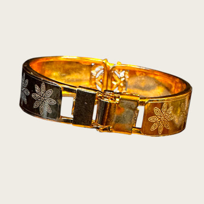 Vintage Gold-Tone Etched Crystal Medallion Hinged Cuff Bracelet