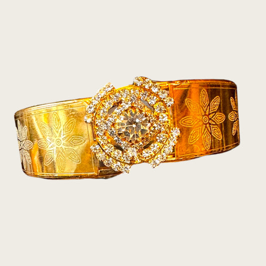 Vintage Gold-Tone Etched Crystal Medallion Hinged Cuff Bracelet