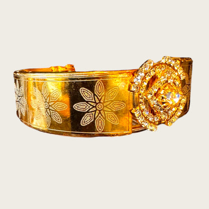 Vintage Gold-Tone Etched Crystal Medallion Hinged Cuff Bracelet