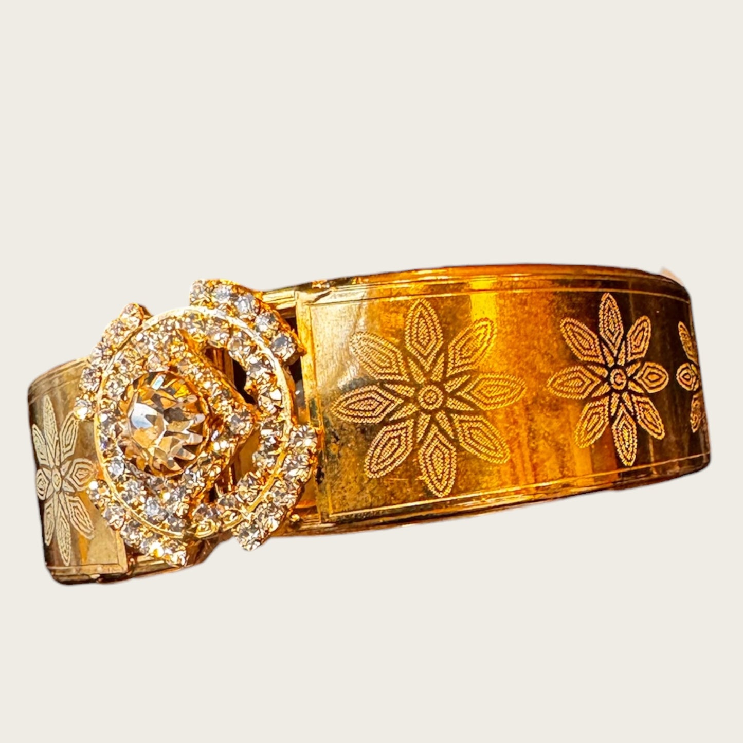 Vintage Gold-Tone Etched Crystal Medallion Hinged Cuff Bracelet